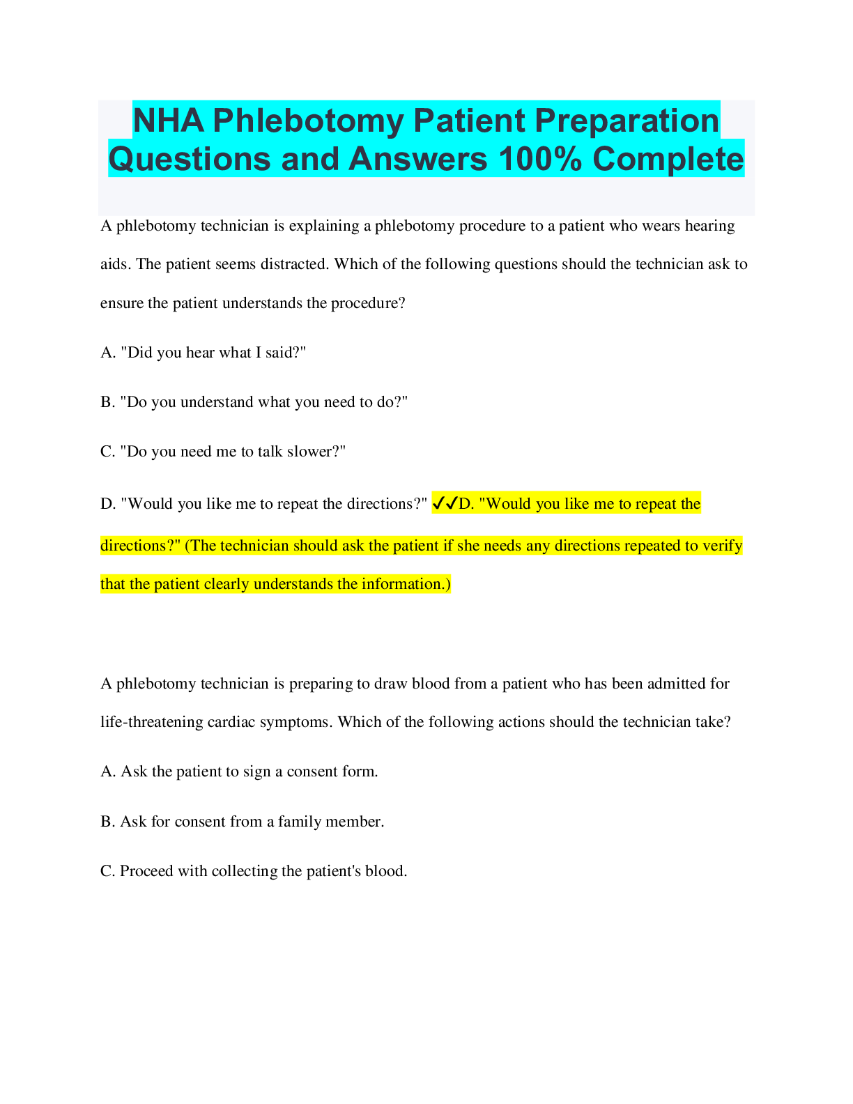 NHA Phlebotomy Patient Preparation Questions and Answers 100% Complete